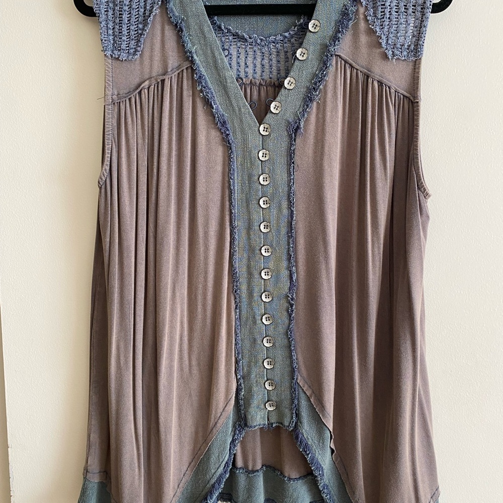 POL Lavender and Denim Button-Front Blouse